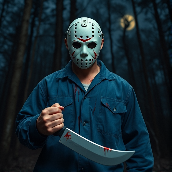 Jason le tueur, habillé d'une combinaison de travailleur bleu foncé, masque de hockey blanc effrayant,  forêt brumeuse la nuit, tenant une machette brillante couverte de faux sang, ambiance sinistre et éclairage lunaire tamisé avec du sang sur ça chemise et sur son couteau avec une tête tranchée