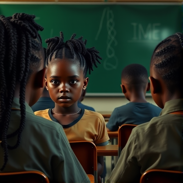 des filles noires de huit ans avec des tresses africaine et des garçons assis dans une classe face au tableau vert