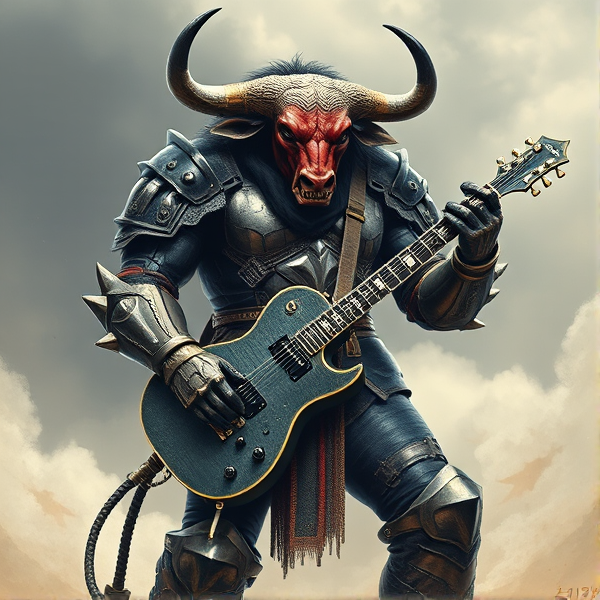 Créer une image d'un minotaure imposant en armure de guerrier, avec un corps et une tête de taureau. une guitare hache Gene Simmons