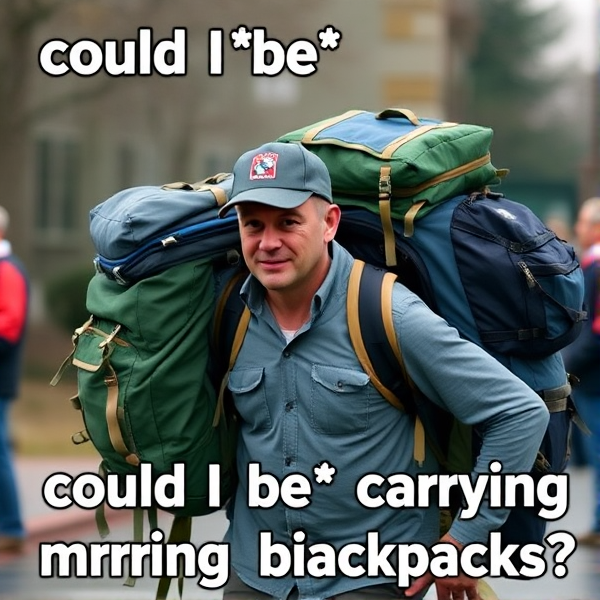 Man carrying lots of backpacks with text "could I *be* carrying more backpacks"