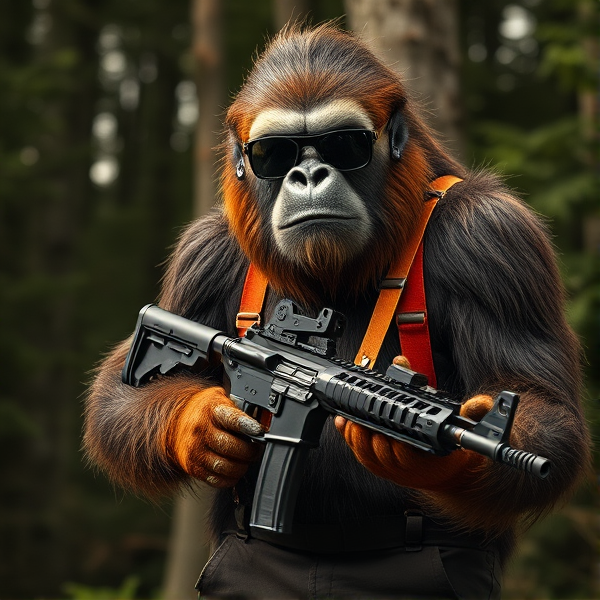 Big foot holding an assault rifle wearing sports glasses and 80s retro suspenders