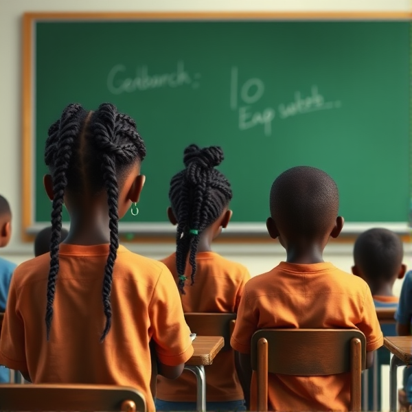 des filles noires de huit ans avec des tresses africaine et des garçons assis dans une classe face au tableau vert
