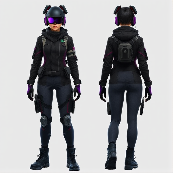 Molly’s gear is a fusion of futuristic technology and urban street fashion, perfectly tailored for her role as a stealth operative. Her headgear includes a sleek matte-black headset with Inner Ear Monitors (IEMs) and an Augmented Reality (AR) monocle that displays critical data and offers thermal and night vision capabilities. Her form-fitting jacket, black with purple and silver accents, is lightweight yet durable, featuring hidden compartments and sensors that monitor her vitals and surroundings.

Her lower body is equipped for both protection and enhanced mobility. She wears grey yoga pants reinforced with nanofiber weaves, paired with a high-tech brace on her left leg. This brace supports her movements with mini-servos and sensors, allowing for greater agility and balance. Molly’s boots are sturdy, flexible, and equipped with noise-cancelling technology, ensuring she can move silently across any terrain. 

Molly’s accessories and arm gear further enhance her capabilities. She sports multi-functional gloves with haptic feedback and a pair of wrist-mounted devices that serve as control panels and defensive tools. Her utility belt and choker are both functional and stylish, with the belt holding essential tools and gadgets, while the choker serves as a communication device. Molly’s overall look blends style, technology, and practicality, enabling her to execute missions with precision and flair.