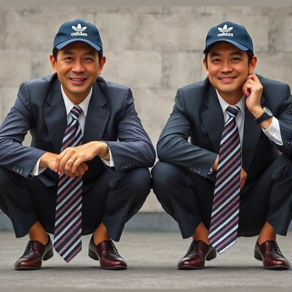 2 Japanese businessmen accroupis , avec casquettes adidas et longue cravates rayées jusqu’au sol et regard hypnotique , souriant