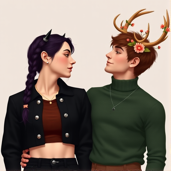 A woman with fair skin and dark dark purple hair braided into a single braid. She has short small black horns that barely poke out past her hair. She has a gold necklace. She wears a cropped black jacket with silver buttons, a brown crop top underneath, and high waist black pants. There is also a pale skinned man, taller than her, with short brown very curly hair. He has deer antlers with flowers on then and a deer nose. He has a silver necklace. He wears a green turtleneck and brown pants. They are in love, looking at eachother as they hold one another, laughing