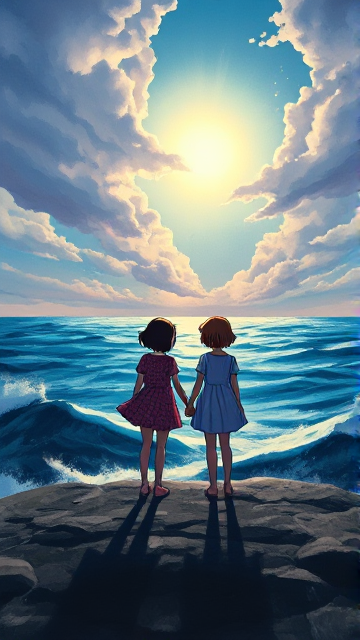 deux filles qui se tiennent la main, sous l'orage, devant la mer