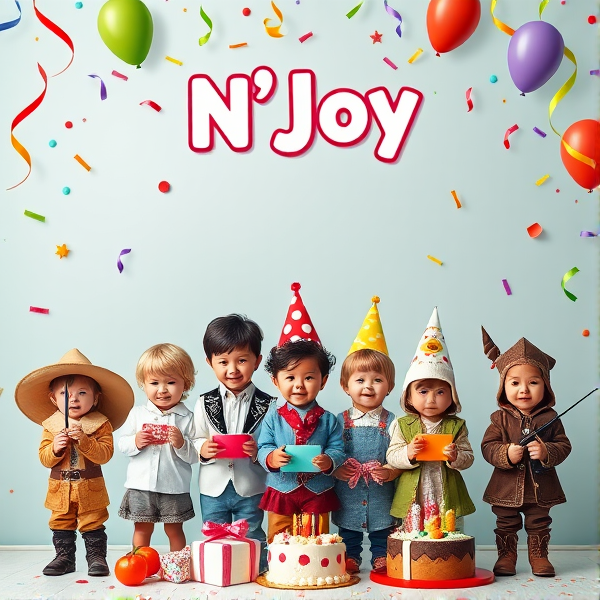 Peut tu me faire une affiche en format portrait avec les  élément suivant : 
 Peut tu me faire une affiche en format portrait avec les  élément suivant pour la marque IDKIDS mettant en avant le service N’Joy qui consiste à faire les anniversaire en magasin des enfants en le mettant en avant avec les différents thèmes que l’entreprise propose : 
 
Pour chaque thème fais un enfant déguisée réaliste soit au total 9 enfants  : 
1. Thème Far West :
2. Thème Science :
3. Thème Police Scientifique 
4. Thème Monstre 
5. Thème Cuisine Moléculaire :
6. Thème Chevalier :
7. Thème Dinosaure :
8. Thème Enquête Policière dans les Mondes Sous-Marins :
9. Thème Histoire (lecture d’histoire) 
Et des confettis, des cadeaux, des gâteaux, des ballons…