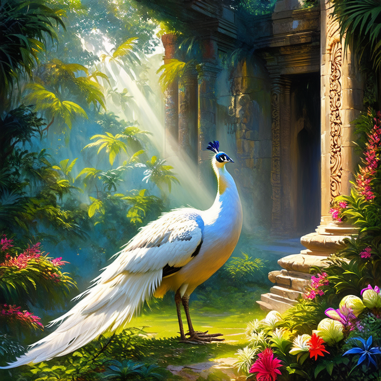 A majestic white peacock with shimmering feathers, set against a backdrop of an ancient, overgrown temple ruins deep in the jungle at dawn, with rays of sunlight filtering through the dense foliage, illuminating the intricate carvings on the temple walls. The scene exudes an aura of mystery and forgotten history, while vibrant tropical flowers bloom around the ruins.