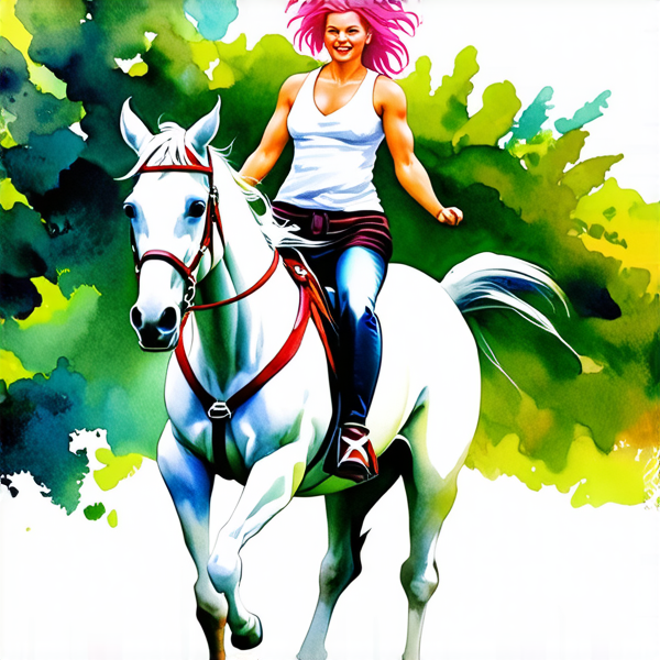 Aquarelle dynamique et détaillée : Femme avec des cheveux rose fuchsia au galop sur un cheval blanc. Decor baie de citron à nouméa nouvelle calédonie