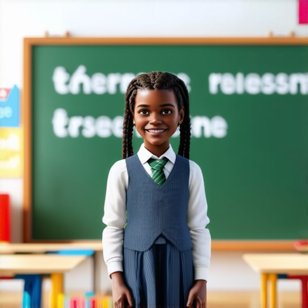 jeune fille noire de 10 ans, vêtue d'un uniforme scolaire des tresses africaines, debout souriante et concentrée devant un tableau noir rempli de regles d'orthographe en français  dans une salle de classe ensoleillée et colorée avec des bureaux en bois et des affiches éducatives sur les murs