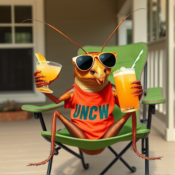 A cockroach wearing sunglasses, sitting on a green camp chair on a porch. the cockroach is sipping a piña colada and holding a joint, and wearing a UNCW shirt