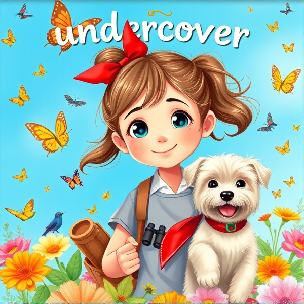 Bright, whimsical book cover design showcasing a spirited 10-year-old girl with a bouncy brown ponytail secured by a cherry-red ribbon, her small round eyes twinkling with mischief and wonder. The protagonist is center-stage on an exuberant quest, the background a beautiful blue sky.  Surrounding her are playful elements that resonate with girls her age: iridescent butterflies dancing in the air, lush, multicolored flowers blooming wildly at her feet, and charming birds with elaborate plumage. Accompanying her is a joyous blonde long-haired Maltese terrier, its floppy ears framing a face full of affection as it gazes at the girl; around its neck is a crimson bandana that flutters in the breeze. The scene pulses with the thrill of childhood adventures—look for an intricately detailed compass clutched in the girl's hand, binoculars draped around her neck, and intriguing hidden paths that invite secret explorations. Bold, playful typography leaps off the cover, spelling out "Undercover Kirby" in letters designed to spark imagination and convey a sense of exhilarating fun. Opt for an art style that echoes realistic hand-drawn illustrations to capture this timeless narrative of curiosity and discovery. The girls eyes should proportionate to face, not cartoon style
