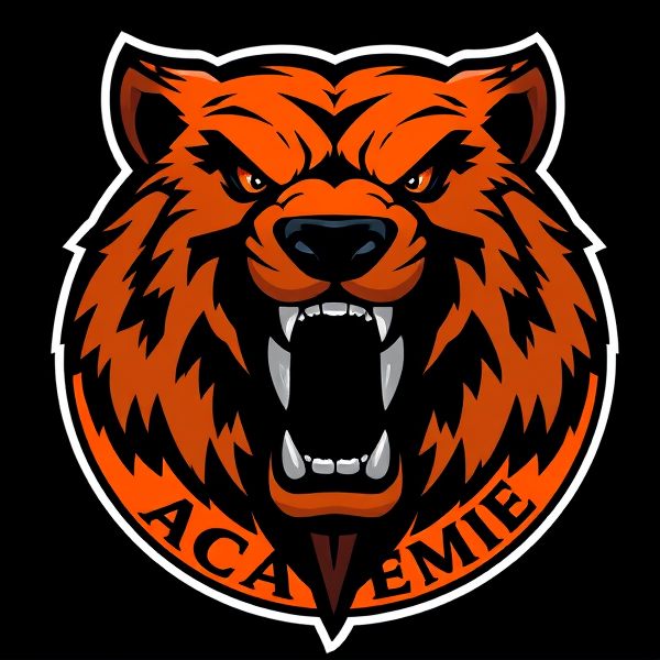 Logo grizzly d'équipe de soccer ,orange et noire avec 'Tilt Académie' inscrit en rond d'une manière artisanale