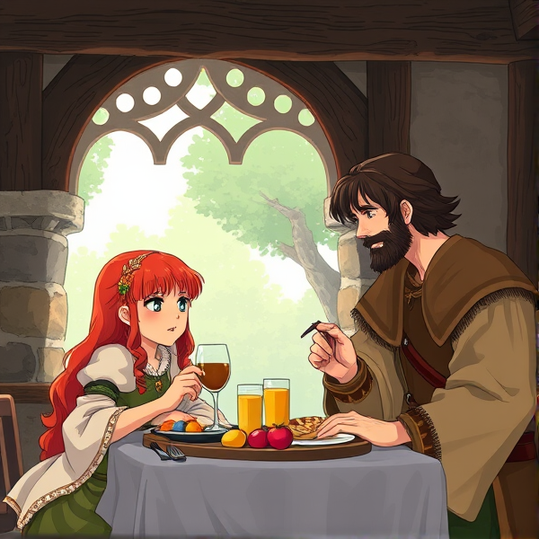 Little Red haired Arthurian princess eats breakfast with a middle aged brunette medieval peasant in a medieval cottage in the style of anime