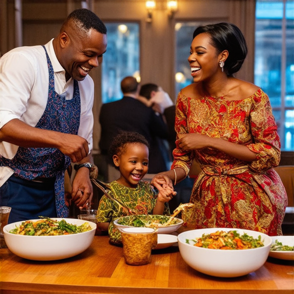 famille nombreuse africaine animée et souriante, partageant des rires et des conversations chaleureuses autour d'une grande table en bois abondamment fournie en mets traditionnels colorés et appétissants typiques de la 'soul food'. Différentes générations, des grands-parents aux petits-enfants, dégustent ces plats dans une salle à manger éclatante de lumière et décorée avec goût pour l'événement, où la joie et la convivialité rayonnent