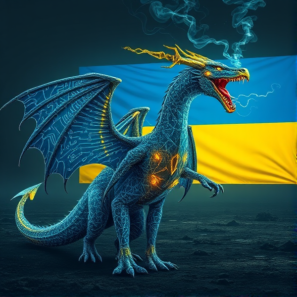 An intricately designed, streamlined wyvern, with a wing on each side of its body. The wyvern's scales are a masterpiece of detailed circuit patterns that shimmer with a lifelike electrical pulse. From its nostrils, ethereal streams of digital smoke curl upwards, timed with the deep, resonant roars that showcase its electrified sharp fangs. The wyvern is holding a Caduceus in one hand. As a respectful nod to tribute and unity, incorporate elements of the Ukrainian flag within the composition. This majestic creature resides in a desolate post-apocalyptic landscape that accentuates its powerful presence. In the background is the Ukrainian flag, a rectangle, with the top half blue and the bottom half yellow.