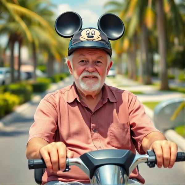 YouTuber, Ryan Kinel, is a old man on a scooter driving in Florida in a hot summer day wearing a Mickey mouse hat.