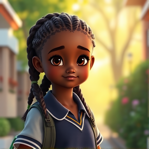 Jeune fille africaine de huit ans avec des tresses traditionnelles, vêtue d'un uniforme scolaire rentrant à la maison