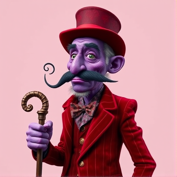 A dreamy elder man figure with purple skin, a dark squiggly mustache, long skinny nose, and a striped red velvet suit with a cane and a a top hat to match his suit and he’s tall and skinny