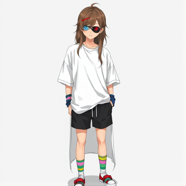 j'ai delongs cheveux détachés, j'ai un cache œil sur mon oeil droit,je suis dans un long tee-shirt large blanc et un petit short noir avec des chaussettes multicolores et des pansements