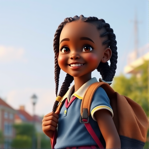 Jeune écolière africaine de huit ans, coiffée de tresses africaines , souriante, portant un uniforme d'école coloré et tenant un cartable robuste sur le chemin de l'école sous un ciel clair matinal