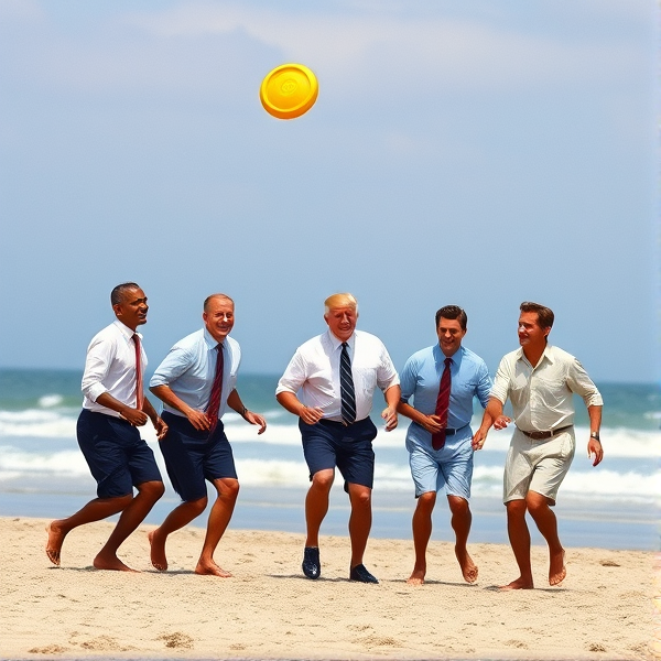 Obama, Biden, Trump, Reagan, jfk, and fdr playing frisbee at the beach.
