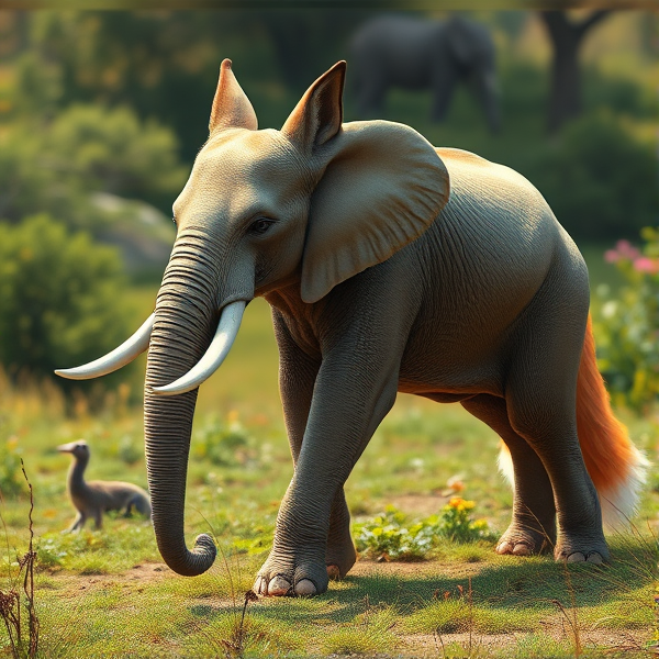majestic elephant-fox hybrid creature with the body of an elephant and the agile features of a fox, gracefully poised in a natural setting