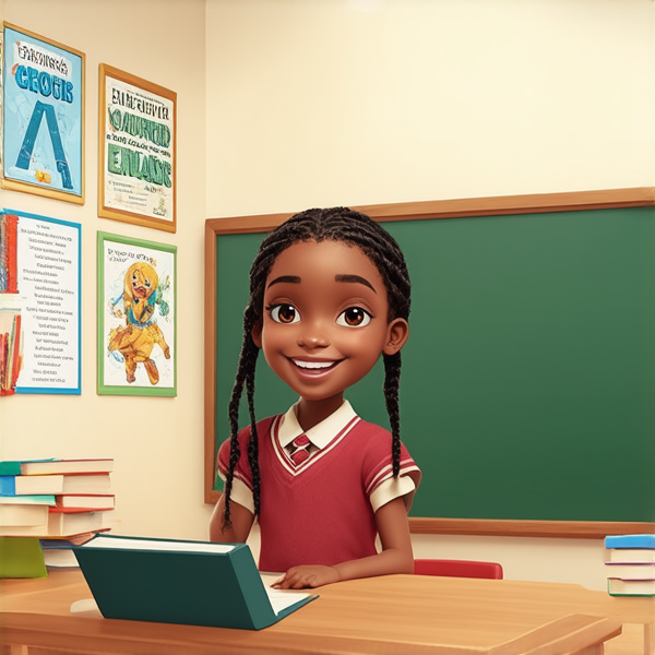 jeune fille noire de 10 ans, vêtue d'un uniforme scolaire des tresses africaines, debout souriante et concentrée devant un tableau noir rempli de regles d'orthographe en français  dans une salle de classe ensoleillée et colorée avec des bureaux en bois et des affiches éducatives sur les murs