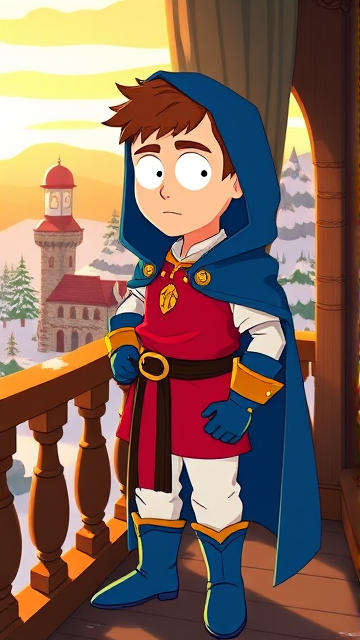 Clyde Donovan from South Park, light skin and brown hair, but as a 14-Year Old, dressed as a medieval prince with a red shirt with white sleeves, a black belt with a gold buckle, white pants, blue boots, blue long-cuffed gloves, and wreathed in a big blue hooded cape, now known as Prince Donovan. Despite still being a kid, he is the Youngest Ruler of South Park, Colorado, but now reborn as the real life Kingdom of Kupa Keep, Zaron, and Prince Donovan is its youngest and greatest hero. The young teenage prince of Kupa Keep is currently standing on his bedroom balcony in his new home of Kupa Keep Castle, looking at the amazing view of his newfound kingdom that was once the small mountain town he knew before.