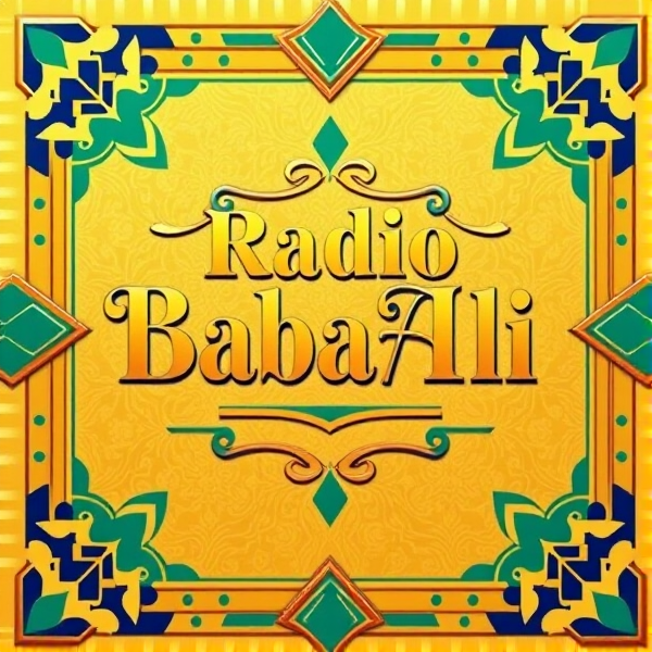 Affiche inspirée de l'Art Déco vintage, intégrant le texte "Radio BabaAli" en lettres majuscules ornées, avec une typographie sophistiquée et élégante rappelant les enseignes des années 1920. Le design comporte un cadre richement décoré de motifs géométriques symétriques, évoquant les tendances artistiques des années 2024, ainsi que des accents décoratifs rétro comme des frises et ornements floraux stylisés. La palette utilise des couleurs vives telles que le doré, le saphir et l'émeraude pour créer un contraste saisissant qui souligne la sophistication classique et intemporelle de l'affiche. Les finitions métalliques brillantes et les détails en relief ajoutent une touche luxueuse à l'ensemble.