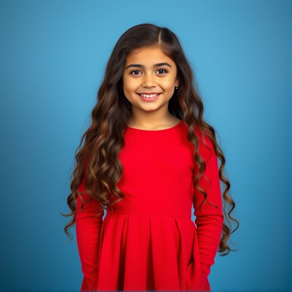 12 year old Rowan Blanchard, with her really long wavy hair, smiling, wearing a bright red long sleeve dress, full body shot