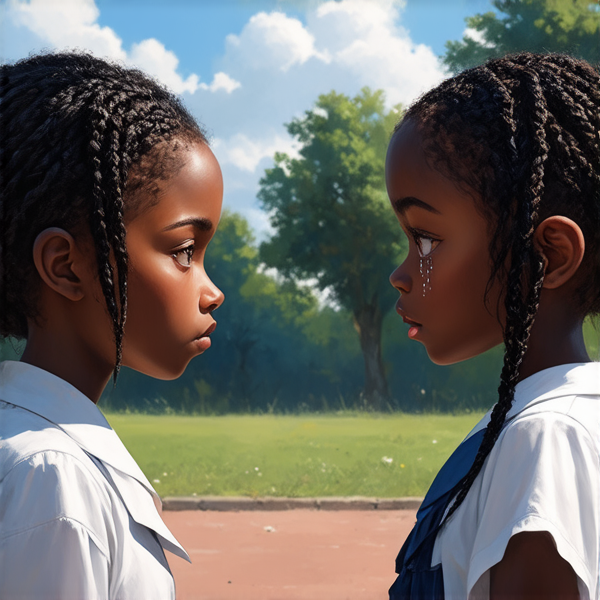 deux jeunes filles de huit ans portant des tresses africaines noires et des uniformes scolaires se tenant face à face dans une cour d'école, les yeux humides de larmes et l'air bouleversé alors qu'elles sont en pleine dispute