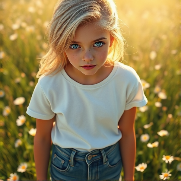 blonde teen wearing a casual white t-shirt and denim jeans, big blue eyes shining with youthful curiosity, a sprinkle of light freckles across the bridge of the nose, standing in a sunlit meadow full of wildflowers, full body view with a relaxed posture