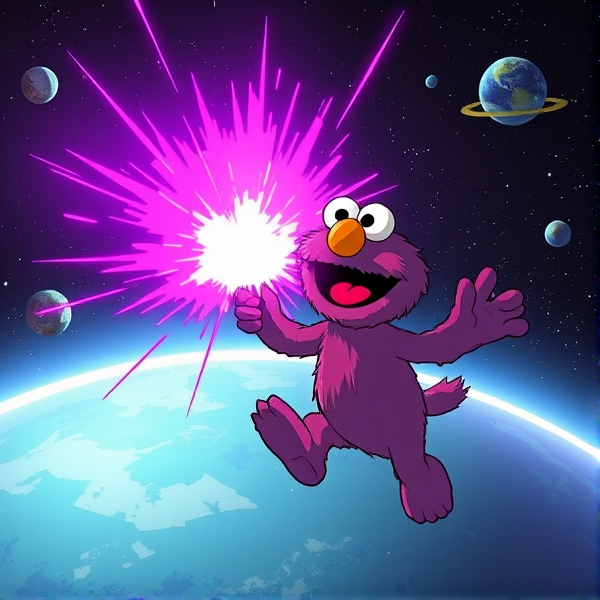 Elmo using a purple plasma beam exploding a planet