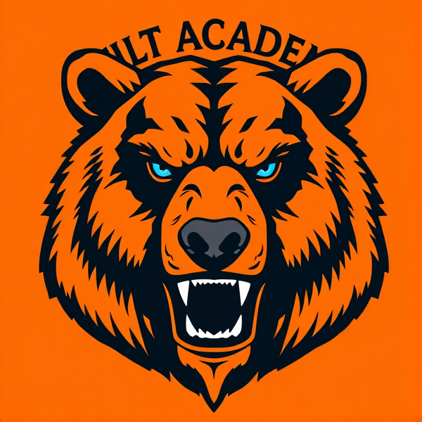 Create a sophisticated and detailed logo for a soccer team that features an intense grizzly bear, with sharp pale blue eyes that embody focus. The bear should look threatening and vibrant, signifying strength and agility. The primary colors are vivid orange and deep black, symbolizing the team's energy and power. Incorporate the name 'Tilt Academy' in an arching manner above or encircling the grizzly, using a distinctive handcrafted font that conveys a sense of exclusivity and prestige. The lettering should be seamlessly integrated into the overall design without overwhelming the imagery. Ensure every element of the logo is crisp and clear to reflect a professional appearance while maintaining a touch of creativity.
