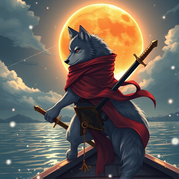Loup roublard maitre de l'éclipse lunaire et avec un écharpe rouge autours du cou et avec deux épées dans le dos et il est sur un bateaux