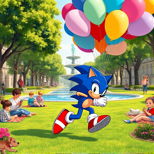 Sonic the Hedgehog captured mid-stride in a dynamic running pose, with his iconic blue quills trailing behind him. He's helium gas cylinder tank standing gripping and vivid collection of assorted balloons—450 in total, each measuring 16 inches. The balloons are in various shades and have a shimmering sheen to them, reflecting the sunlight. Sonic is sporting his red shoes with white stripes and gold buckle, which blur slightly from his incredible speed. The bustling park around him is alive with activity; there are children playing on swings, couples walking dogs of various breeds, street performers juggling and people picnicking on checkered blankets. Lush green trees dot the landscape, their leaves rustling gently in the breeze, and vibrant flower beds add pops of color throughout the scene. In the background stands an elaborate fountain cascading water into a clear blue basin. All elements are illustrated in a richly saturated anime art style that emphasizes bold lines and dramatic lighting to enhance the dynamic nature of Sonic's movement