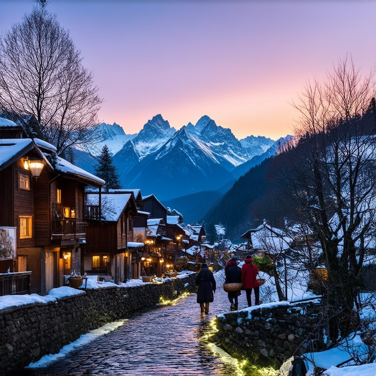 A serene mountain village at dawn, with quaint wooden houses lining a cobblestone path. Snow-capped peaks loom in the background, while soft pink and orange hues of the sunrise illuminate the sky. Villagers in traditional attire start their day, some carrying baskets of fresh produce. A gentle stream flows through the village, reflecting the colorful sky. The scene is peaceful and nostalgic, capturing a moment frozen in time.