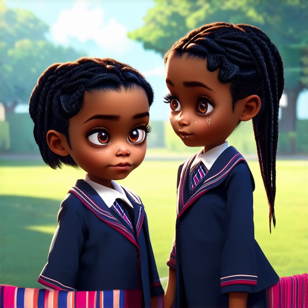 deux jeune fille de huit ans avec des tresses africaines noires, les yeux embués de larmes,  vêtue d'une uniforme scolaire qui se disputent dans une cour d'école