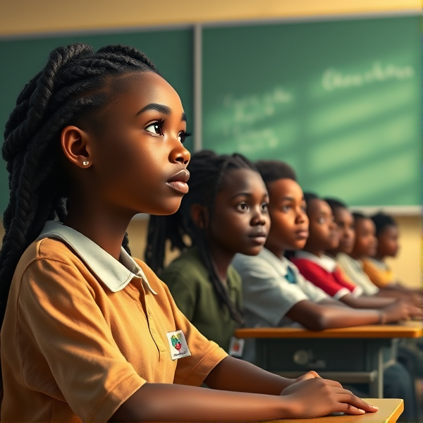 des filles noires avec des tresses africaine et garçons assis dans une classe face au tableau