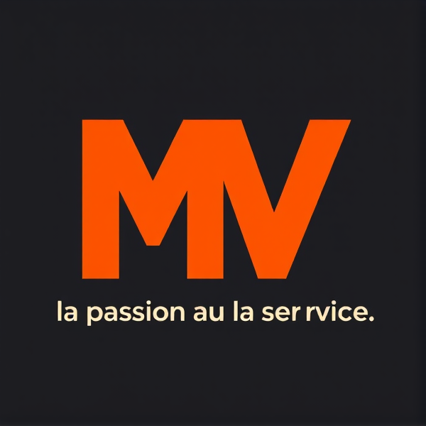Je veux un logo composé de MV avec des couleurs orange et noir . Suivis du slogan ,la passion au service de la technique.