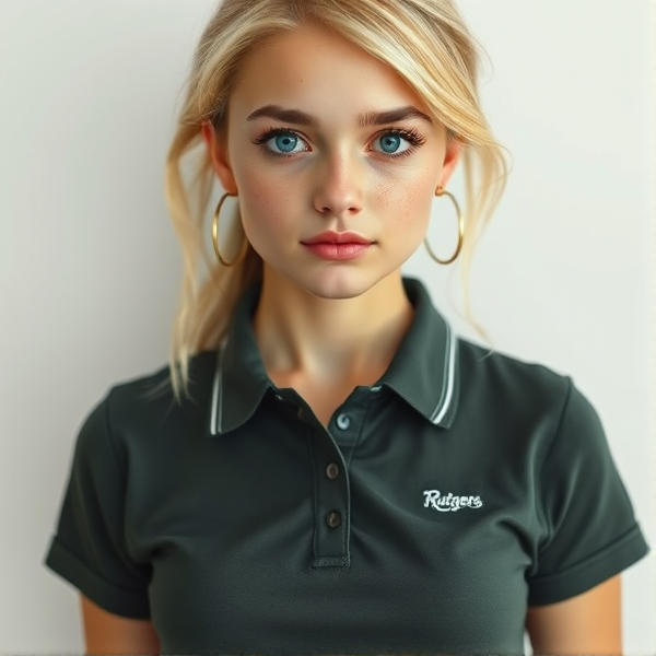 Photorealistic portrait of a youthful, naturally beautiful 19-year-old woman with blonde hair styled softly to convey an effortless appearance. Her bright blue eyes are accentuated by thick black lashes and her face is framed by a heart-shaped countenance. A delicate scattering of light freckles embellishes her nose, adding charm to her front-facing pose. She dons a dark green-gray polo shirt, the fabric clinging just enough to suggest a slender figure without being tight, featuring subtle white embroidery that spells "Ruttgers" over the left chest area. This is paired with a tasteful black mini skirt that enhances her chic yet simple style. Gold hoop earrings add a modest touch of elegance to complete the image which embodies youthful grace and an air of simplicity.