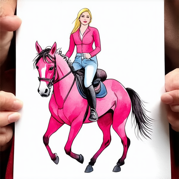 Aquarelle dynamique et détaillée : Femme avec des cheveux rose fuchsia ombrés en blond platine à la racine, tressés soigneusement. Elle monte un cheval au galop. La cavalière est vêtue d'un jean bien ajusté et affiche une posture élégante sur le cheval. L'arrière-plan est flou pour donner l'impression de mouvement rapide, mais la femme et le cheval sont peints avec précision et clarté.
