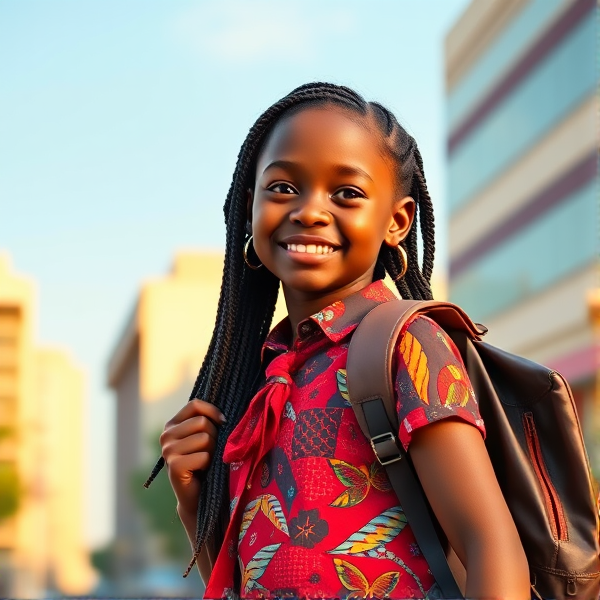 Jeune écolière africaine de huit ans, coiffée de tresses africaines , souriante, portant un uniforme d'école coloré et tenant un cartable robuste sur le chemin de l'école sous un ciel clair matinal