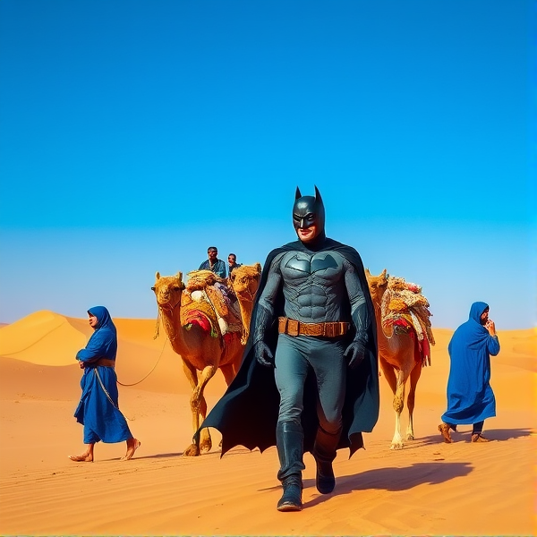Dans l'immensité du Sahara oriental, des Touareg vêtus de leurs traditionnelles robes bleues marchent solennellement à travers les vastes dunes de sable doré sous un ciel azur sans nuages. Ils échangent des biens précieux, tels que des bijoux en argent et des épices exotiques, tout en guidant une caravane de chameaux majestueux chargés de marchandises diverses. Parmi eux, une silhouette se détache : c'est Batman, le chevalier noir, habillé de son costume emblématique et ajusté avec cape ondulant au vent du désert. Il se joint à la procession dans un esprit de coopération et d'aventure, ses gadgets de haute technologie formant un contraste saisissant avec le décor ancestral et traditionnel des nomades touaregs.