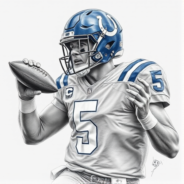 Black quarterback number 5 for Indianapolis colts holding a corndog and playing dice