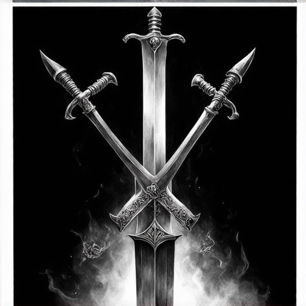 Trois épées croisées en leur centre et représentant chacune un élément, une de feu, une de terre, et une de vent . L'épée du milieu représentant l'élément du feu est placée verticalement. L'épée représentant l'element de la terre de manière féminine, elle est placée avec un angle 315 degrés par rapport à l'épée verticale représentant le feu. L'épée représentant l'élément du vent est placée 45 degrés par rapport à l'épée verticale représentant l'element du feu. Les épées sont de style médiéval européen et ont leur pommeau vers le haut. L'image doit être réaliste.