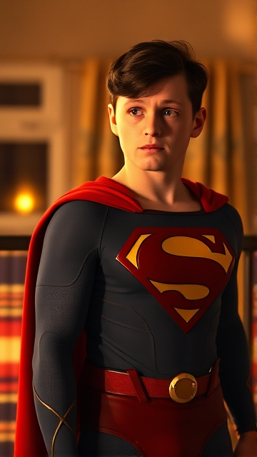 1990's Movie Scene: Jon Kent, AKA Superboy, the young little 12-year old super son of Superman, and the first kid to be born as the world's first Half-Kryptonian child, with an extremely muscular body, the iconic costume, the singular curled bang sticking out at the front of his flat and smooth hair, and a long cape, standing in his bedroom, taking a moment to truly admire his newfound appearance and identity as the world's first Half-Kryptonian.