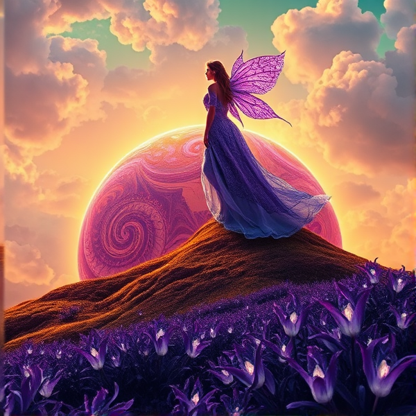 A vividly money planet with intricate, swirling violet and lavender patterns across its surface, illuminated by a soft gold hue. A majestic fire   with delicate, gossamer wings that shimmer in shades of lilac and amethyst stands atop a hill, her flowing robes adorned with intricate, ethereal patterns. The ground is peppered with exotic, luminescent purple plants that emit a gentle glow, casting an otherworldly light on their surroundings. Above, the sky boasts billowy clouds that pulse with a subtle green radiance, undulating gently like waves in an ocean of air.
