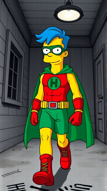 Milhouse Van Houten from The Simpsons, with his yellow skin and blue hair that's slicked back at the top, but as an 18-year old teenager, dressed as a parody of Robin, The Boy Wonder, with an extremely muscular torso and arms, a green bodysuit with a red torso adorned with a green H symbol on his chest, a grey utility belt, red boots, red long-cuffed gloves, a big green cape, and a green eye mask with optical lenses in it, now known as Houseboy, The Nerd Wonder, the other half of Springfield's Dynamic Duo, and one of the greatest vigilante superheroes ever known in Springfield. He is currently walking through an abandoned house at night, looking for clues to the mystery he is trying to solve.